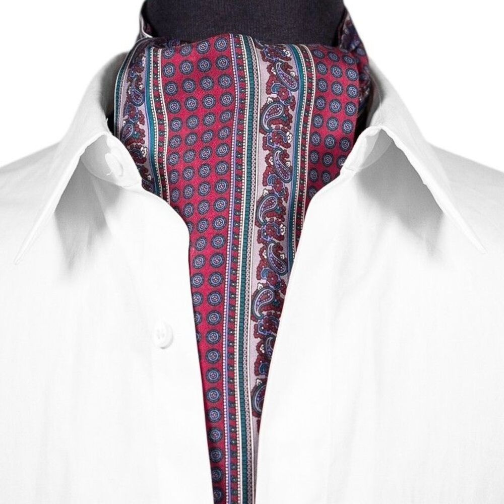 Mens 100% Silk Ascot Cravat Red Medallion Paisley Stripe Wedding Necktie Scarf